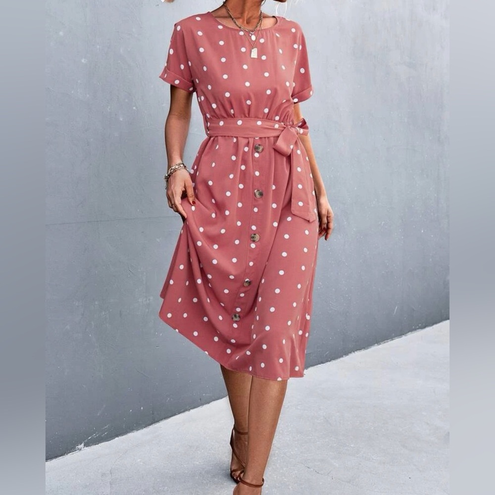 Polka dot print batwing sleeve belted dress